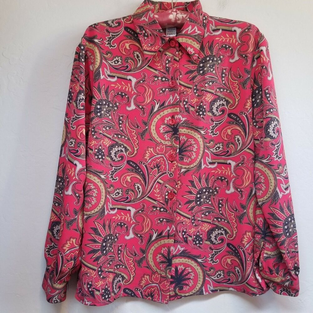 Notations Womens Red Paisley Button Up Shirt Top Size 8 Long Sleeve Lightweight